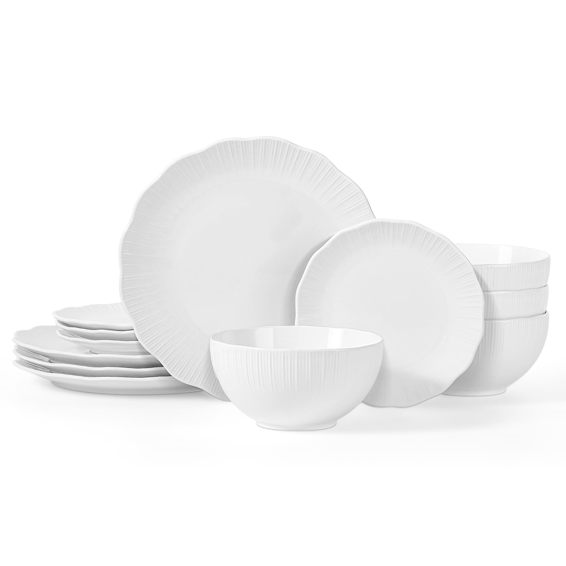 QOMO-1996 Porcelain Dinnerware Set,12 Pieces Radial Embossed Plates and Bowls Set, Highly Scratch Resistant Ceramic Dinnerware Set, Elegant Dingware Dishes Set in White,Service for 4