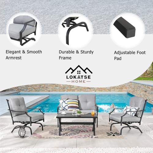 Image of LOKATSE HOME 4 Pieces Outdoor Conversation Furniture Bistro Metal Seating Patio Armchairs Loveseat Set with Cushion & Coffee Table, Grey