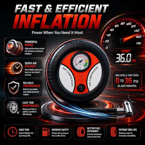 Image of 12V DC Portable Air Compressor Tire Inflator Pump with Analog Pressure Gauge | Car Tyre Air Pump for Cars, Bikes, Scooters & Cycles | Emergency Roadside Air Inflator with Nozzle Adapters