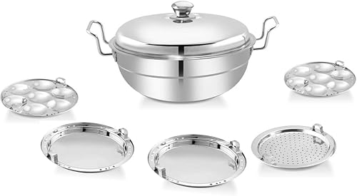 Idli - Vaporizador multi Kadai de acero inoxidable resistente de alta calidad con fondo de inducción, juego de ollas incluidas, tamaño grande con 5