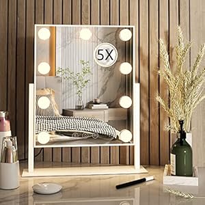 Hollywood Vanity Mirror with Lights,Tabletop Makeup Mirror with 9 LED Lights Smart Touch Control 3 Colors Light 360°Rotation