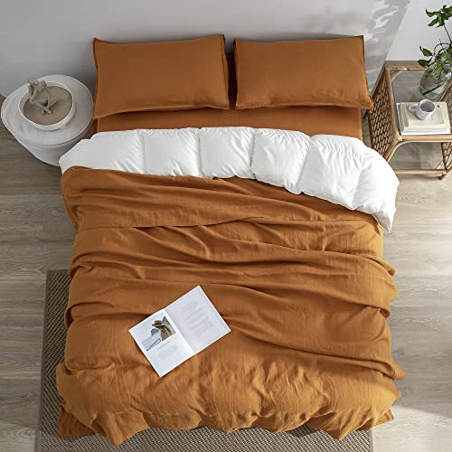 Image of EVERLY Linen Sheets Set Full Size,100% French Stonewash Pure Linen Sheets Set,4Pieces (1Flat Sheet,1Fitted Sheet,2Pillowcase) Suitable for Hot Sleepers,16Inch Deep Pocket Natural Bedding Set-Caramel