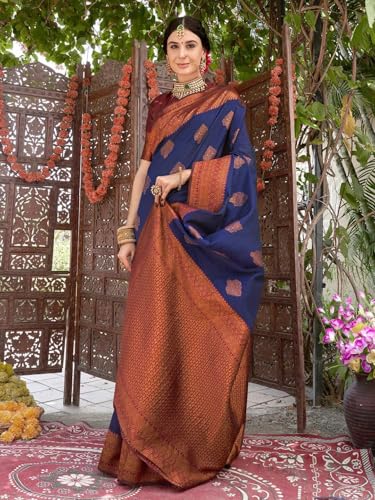 Image of Women's Soft Art Silk Kanjivaram Saree and Unstitched Blouse Piece with Floral Rich Pallu and Jacquard Jari Work On All Over | South Indian Saree