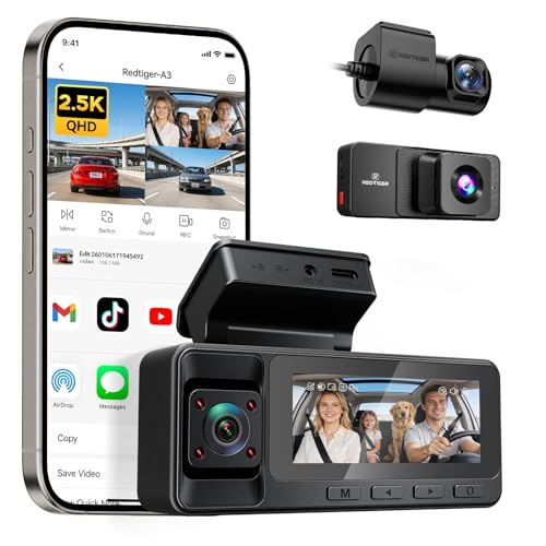 REDTIGER 2.5K 3 Channel Dash Cam with WiFi 1440P+1080P+1080P Dash Cam Front and Rear Inside 3.18 Screen IR Night Vision Loop Recording 24H Parking Mode No SD Card Included Support Max 256GB