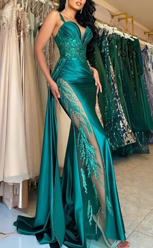 Mermaid Satin Prom Dresses for Women 2025 Spaghetti Straps V-Neck Lace Appliques Formal Evening Party Gown with Slit4