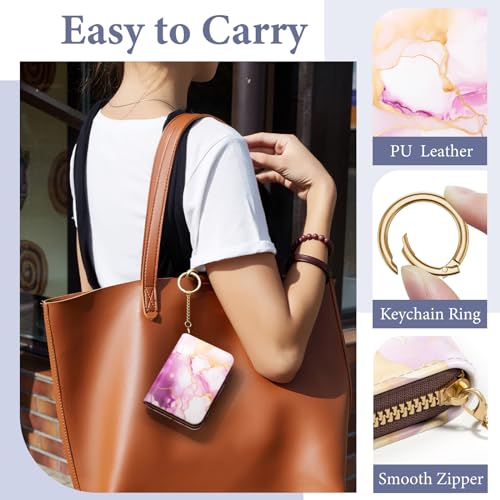 Image of Credit Card Holder RFID Wallet for Women, Small Leather Card Organizer Case with Zipper and Keychain, Cute Marble