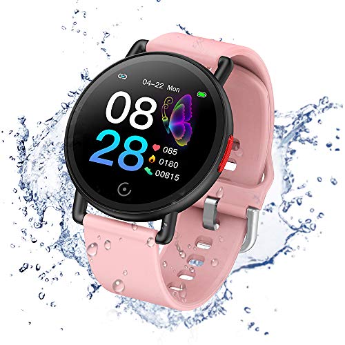 Smartwatch IP68 Montre Connectée Fitness Tracker Watch Sport Podometre Cardiofréquencemètre Montre de Sommeil pour Enfants Femmes Hommes Compatibles Android iPhone Smartphone (Rose)