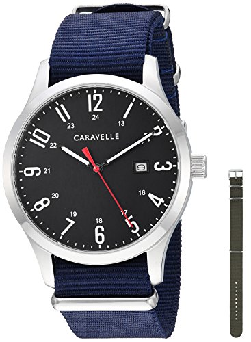 Caravelle by Bulova Traditional Quartz Mens Watch, Stainless Steel with Blue Nylon Strap, Silver-Tone (Model: 43B160)