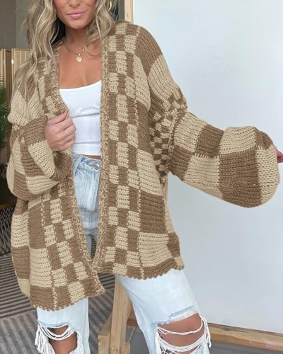 Image of BTFBM Casual Cardigan Sweater for Women Fall 2026 Long Sleeve Open Front Chunky Knit Sweaters Checkered Outwear Coat