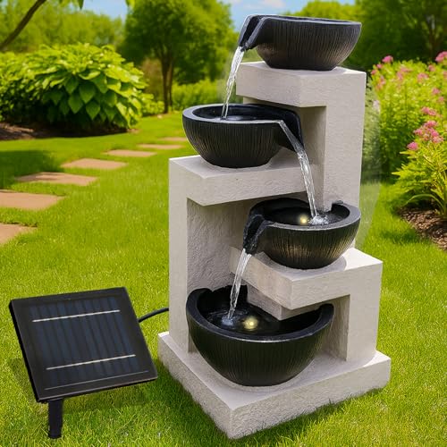 Solar Gartenbrunnen Brunnen Solarbrunnen Zierbrunnen Wasserfall Gartenleuchte Teichpumpe Basalt-Kaskade für Terrasse, Balkon, mit Li-Ion-Akku & LED Licht...