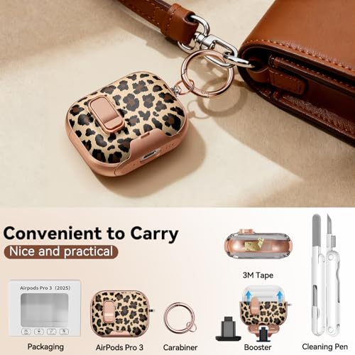 Image of for AirPods Pro 3 Case 2025, with Safty Lock & Phone Stand for Floral AirPods Pro 3 Generation Case Cover for Women Girly, iPod Pro 3 Case with Keychain & Cleaner Kit - Leopard Print