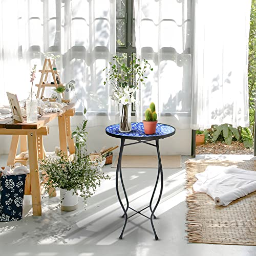 Patio Side Table Outdoor Mosaic Table Accent Coffee Table,Plant End Table Small Porch Blue-White Table Indoor,Round Glass Balcony Small Porch Plant Table Stands For Garden Patio Living Room 14 Inch #TOP1