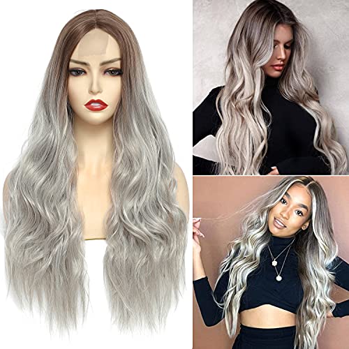 Nature Wavy Wig Synthetic Brown-Gray Ombre Wigs for Women 26 inch Long Wavy Wig Nature Hairline Middle Part Wig