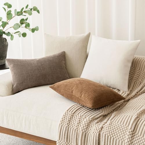 Image of Foindtower Pack of 2 Soft Textured Chenille Throw Decorative Pillow Covers Square Accent Solid Cushion Cover Cozy Neutral Farmhouse Pillow Case for Couch Sofa Bedroom Living Room 16x16 Inch, Beige