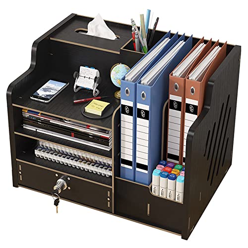 Organizador de escritorio de madera actualizado con cajón, organizador de archivos A4, clasificador de documentos de papel, suministros de oficina, para el hogar, oficina y escuela(JB07 2 negro)