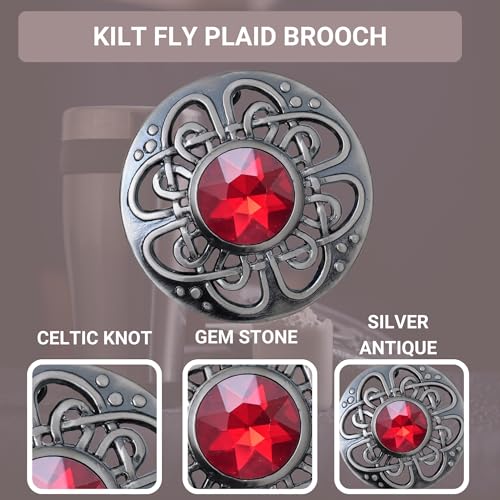 Image of Elegant Culloden Plaid Brooch - Scottish Kilt Fly Plaid Brooch Intricate Celtic Knot in Pewter with Gemstone 3-Inch Diameter - Ideal for Scottish Kilts & Formal Wear