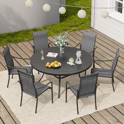 Image of VICLLAX 47.2 inch Round Patio Table, Outdoor Dining Table for 6 with Umbrella Hole for Garden Lawn Deck Backyard, Black
