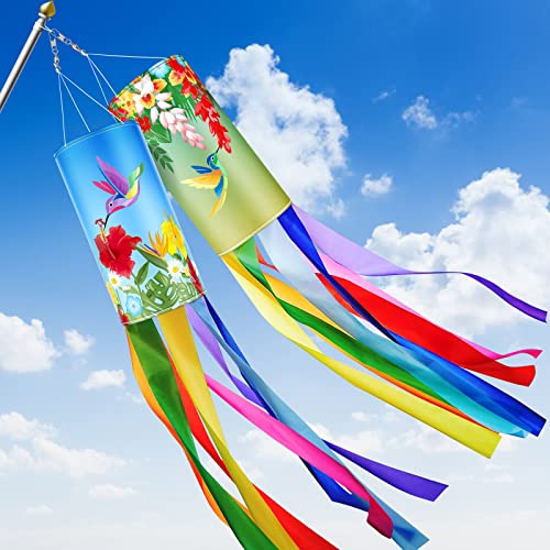 Tatuo 2 Pcs Wind Socks for Outside Heavy Duty 40 Inches Decorative Spring Summer Winter Hummingbird Windsock with Streamers Hanging Decor for Wall Tree Front Patio Lawn Garden