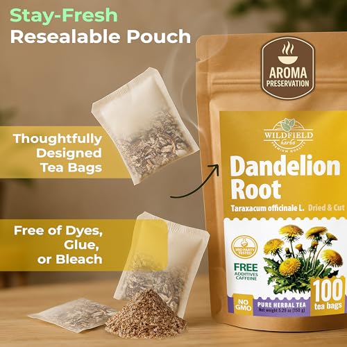 Image of 100 Bags Dandelion Root Tea Dandelion Tea Herbal (Taraxacum Officinale) - 100 Count 1.5g Bags Dried Herb Raiz De Diente De Leon