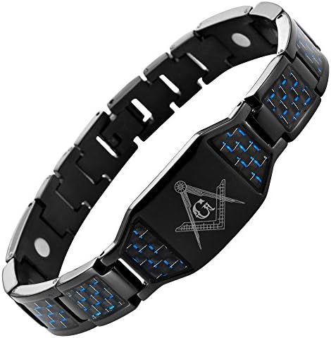 MasonicMan Black Titanium Men's Masonic Bracelet with Blue Carbon Fiber Inlay