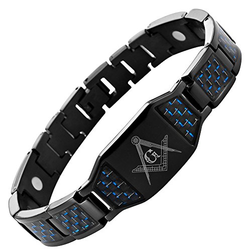 Masonicman Black Titanium Men's Masonic Bracelet With Blue Carbon Fiber Inlay #TOP3