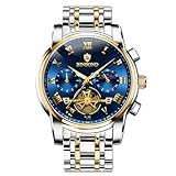 W WOLF-CUB Orologio da uomo d'affari 30M impermeabile Tourbillon fasi lunari in acciaio inossidabile orologio casual cronografo orologi da uomo al quarzo, Oro e blu