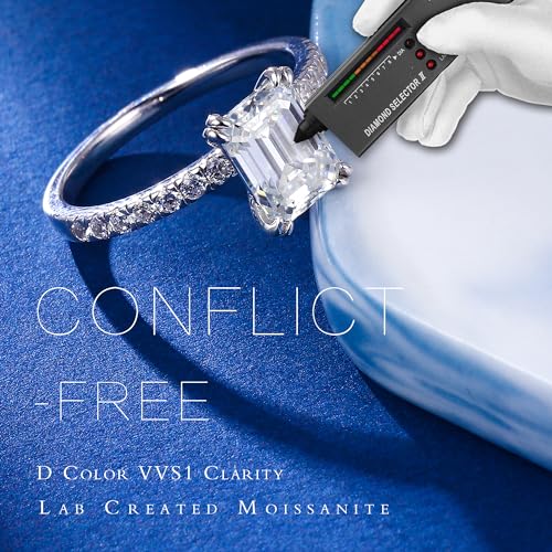 MOOSEA Emerald Cut Moissanite Engagement Ring, 2ct D Color VVS1 Clarity Lab Created Moissanite, 14K White Gold Vermeil Double Claw Solitaire, Size 4-112