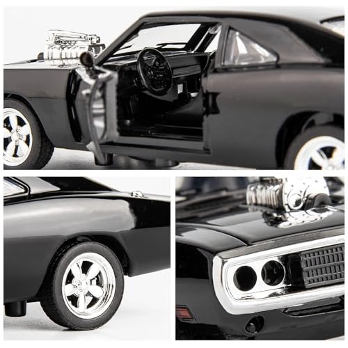Image of Exclusive Alloy Metal Pull Back Die-Cast Car Diecast Metal Pullback Toy Car with Openable 6 Doors,Light Music Boys Gifts Toys (Fast & Furious 7 Dodge Charger - Black)
