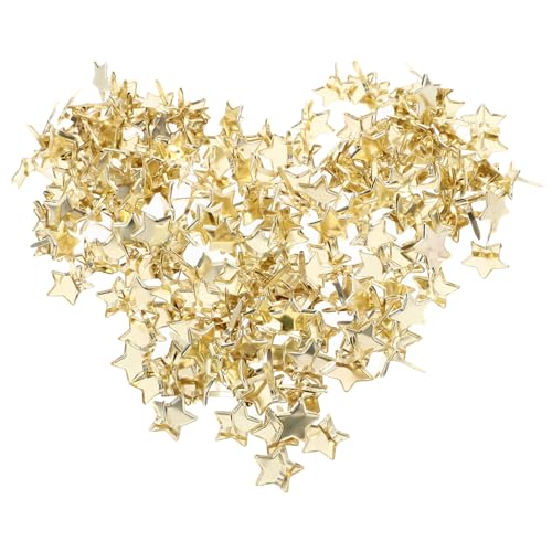 KALLORY 200pcs Star Brads for Paper Crafts 14mm Metal Paper Fasteners Mini Brad Fasteners Gold Craft Embellishments Decorative Round Head Brads