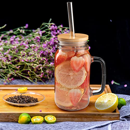 Mason Jar 24Oz Mason Jar With Lid And Straw Regular Mason Jar Lids Set Of 4 Mason Jar Cups With Handles Reusable Boba Cups Travel Bottle For Iced Coffee Large Pearl Juice Cocktail Smoothie (4, 24Oz) #TOP2