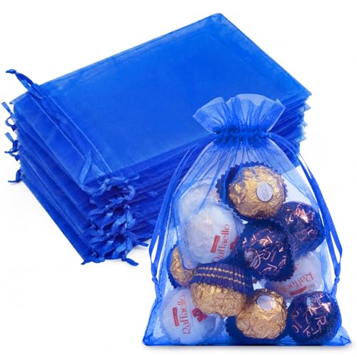 Image of Crweety 50PCS Blue Organza Bags 5x7, Small Gift Bags for Jewelry Sachet Candy Treats, Mini Mesh Bag Drawstring Cute Pouches for Wedding Bridal & Baby Shower Birthday Party Mother's Day Favors Gifts