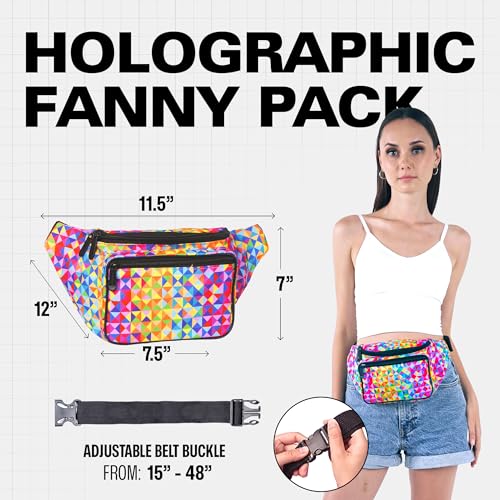 Image of SoJourner Bags Women's and Men's fabric Holographic Rave Fanny Pack for Festival Cute Fashion Waist Belt Bag (Rainbow Raver)