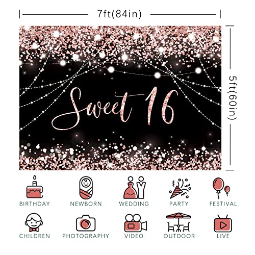 Fondo para fiesta Sweet 16 en negro y rosa 7x5ft miniatura 6