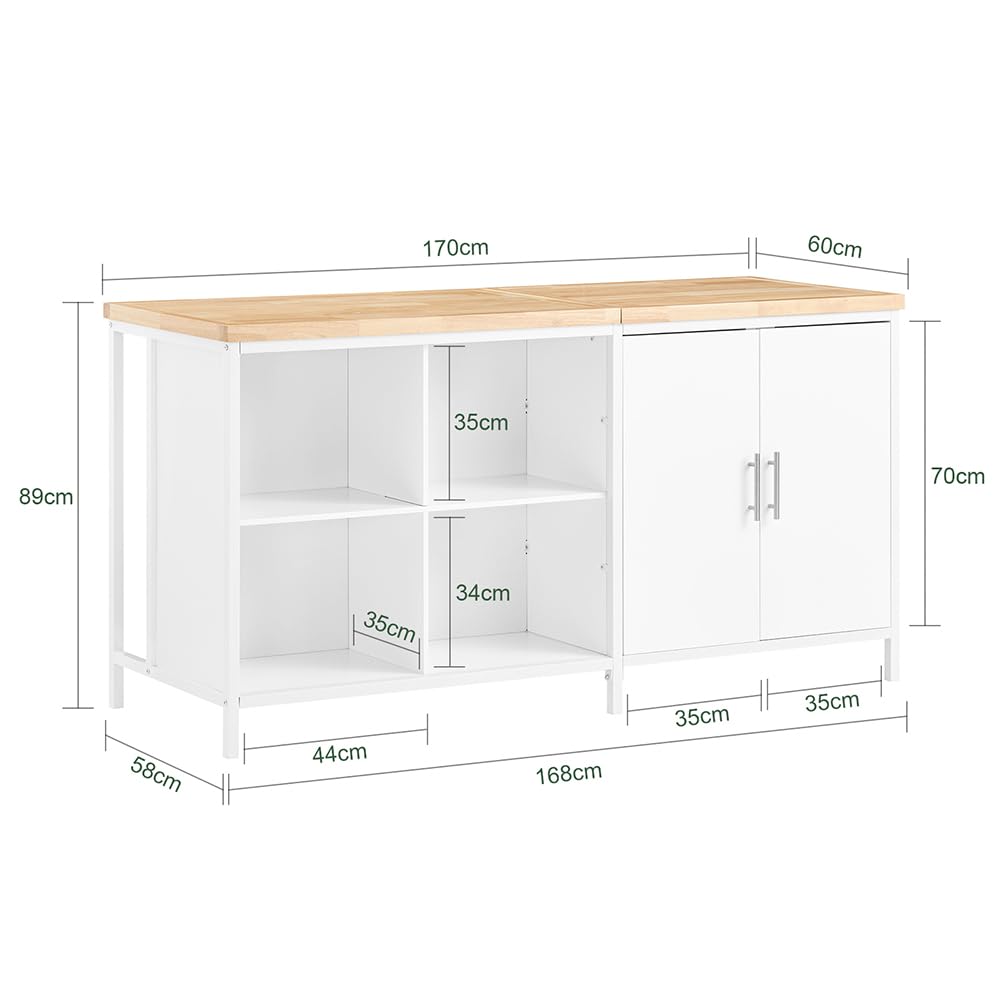 SoBuy Îlot Central Cuisine avec 4 niches et Tablette réglable, 170x89x60cm | Îlot de Cuisine 3-en-1 avec grand plan, charge 145 kg, robuste et facile à nettoyer, MDF, cuisine/repas/salon, KNL09-WN