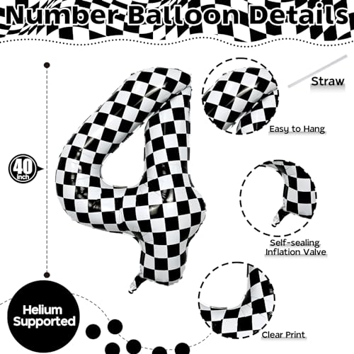 Image of Large Foil Number 4 Balloons, 40 Inch Black and White Checkered 4 Balloon for Boys, Helium Self Inflating Checkered Racing 4 Balloons for Kids Girl 4th Birthday Race Car Flag Party Decoration Supplies