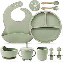 Kit Introdução Alimentar Bebê 8 Peças Prato + Bowl Babador Copo + Tampa com Canudo + 2 Talheres + 2 Talheres Ponta Silicone Cabo de Madeira 100% Silicone Antitóxico Premium (Verde)