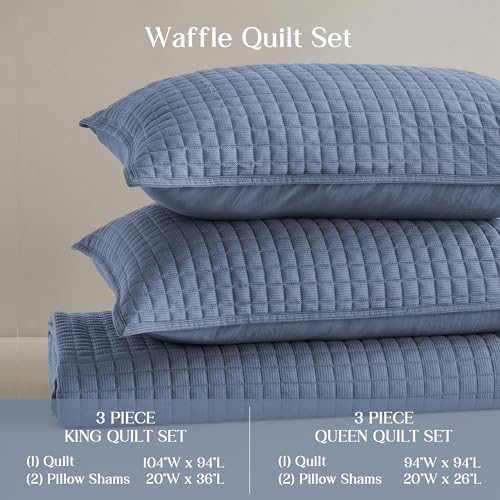 Image of Wonderful 3 Piece Waffle Weave Quilt Set King, Dusty Blue Lightweight Bedspread Coverlet for All Season, Ultra Soft Microfiber Bedding Set with 2 Pillow Shams, Waffle Pattern Quilted Design 104 inchx94 inch | Breathable & Cozy