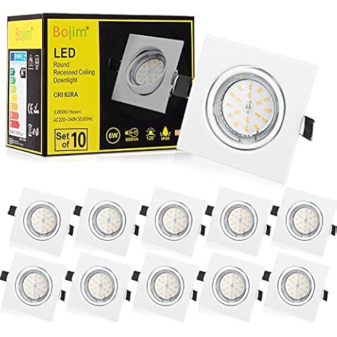 Bojim LED Recessed Ceiling Lights Square White, 10x 6W GU10 LED Downlights Adjustable for Ceiling, Spotlights 230V Warm White 2800K 600LM 82RA for Living Room Bedroom IP20 No Fire Rated Cover