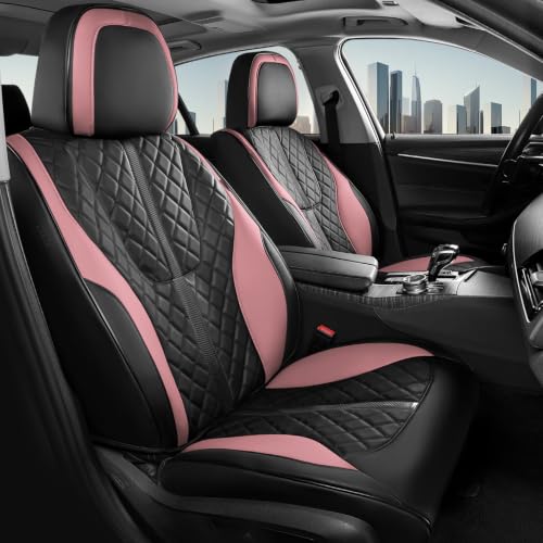 Image of Coverado Front Seat Covers, Luxury Diamond-Pattern Leather Car Seat Cover & Carbon Fiber Lines, Black and Pink Driver Seat Cover, Waterproof Car Seat Protectors Seat Cover Universal Fit for Most Cars