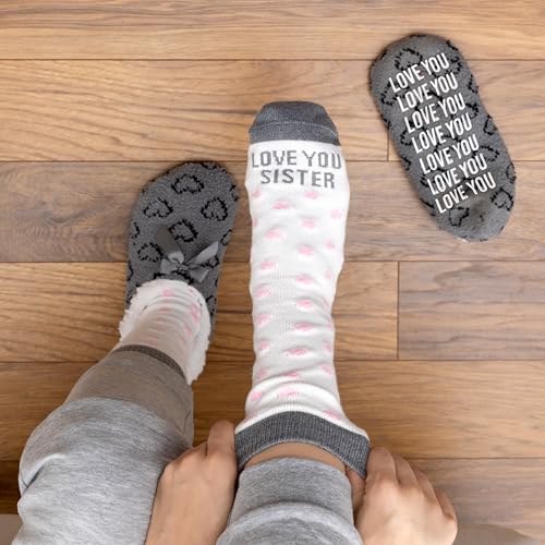 Pavilion Gift Company - Love You Sister - One Size Fits Most Soft Sherpa Cozy Anti-Slip Slippers With Heart Patterned Socks Caring Sister Sissy Sibling Birthday Sentimental Gift2