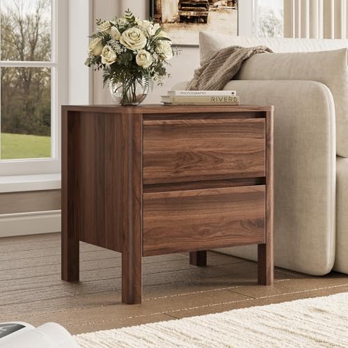 Image of MAISONARIA Walnut Nightstands Set of 2, Mid Century Modern Bedside Table with Hidden Handles and Wood Legs, Wooden End Table with 2 Drawers for Bedroom