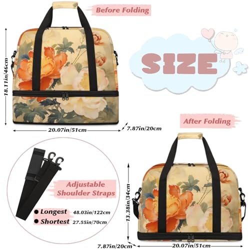 Large Weekender Overnight Bags Ethnic Flower Peony Travel Duffel Bag for Women Men Gym Bag With Shoe Compartment Foldie Travel Tote Bag Carry On Personal Item Bag for Travel Gym Sports2