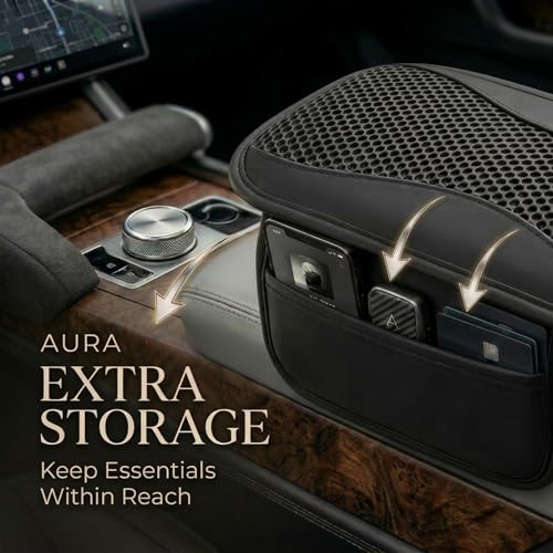 Image of DETACHI Car Center Console Armrest Cover Pad, PU Leather Mesh Armrest Cushion,Universal Fit for SUV /Truck /Car, Console Box Cover With 2 Mobile Pockets, Breathable Mesh Fabric Mat-(Black, 31X18X2CM)
