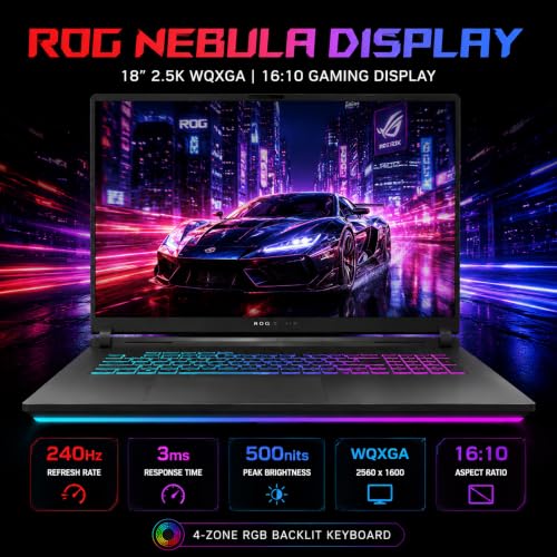 Image of ASUS ROG Strix G18 Gaming Laptop, GeForce RTX 5070 Ti 12GB GDDR7, 18 inch 2.5K ROG Nebula 240Hz Display, Intel 24-Core Ultra 9 275HX, 64GB DDR5 RAM, 4T SSD, RGB Keyboard, WiFi 7, Win 11 Pro, W /Accessories