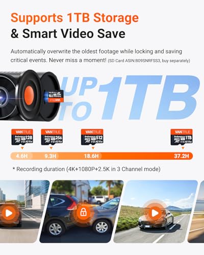 undefined Vantrue N4 Pro S 4K 3 Channel Dash Cam w/Triple STARVIS 2, 4K+1080P+2.5K Front Inside Rear Dash Camera, 4k+2.5K Dual Channel, HDR IR Night Vision, Voice Control, Parking Mode, GPS, Wi-Fi, Support 1TB の商品画像 4