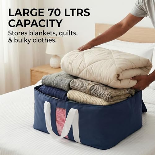 Image of EASY HOME 70 litre Storage Bags for Clothes | Cloth Storage Organizer with Zip Closure | Wardrobe Bag for Sarees, Quilts & Blankets | Moisture Proof Nylon Cover Bag (54x46x28 cm)