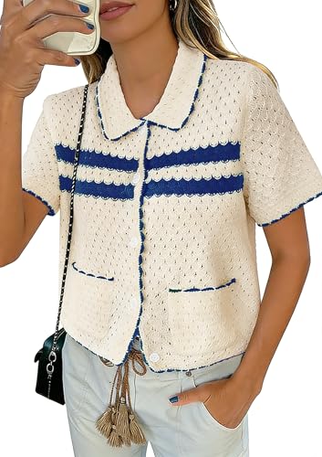Image of Yousify Womens Casual Summer Short Sleeve Sweaters Button Down Crochet Knit Tops 2026 Loose Cute Cardigan Sweater