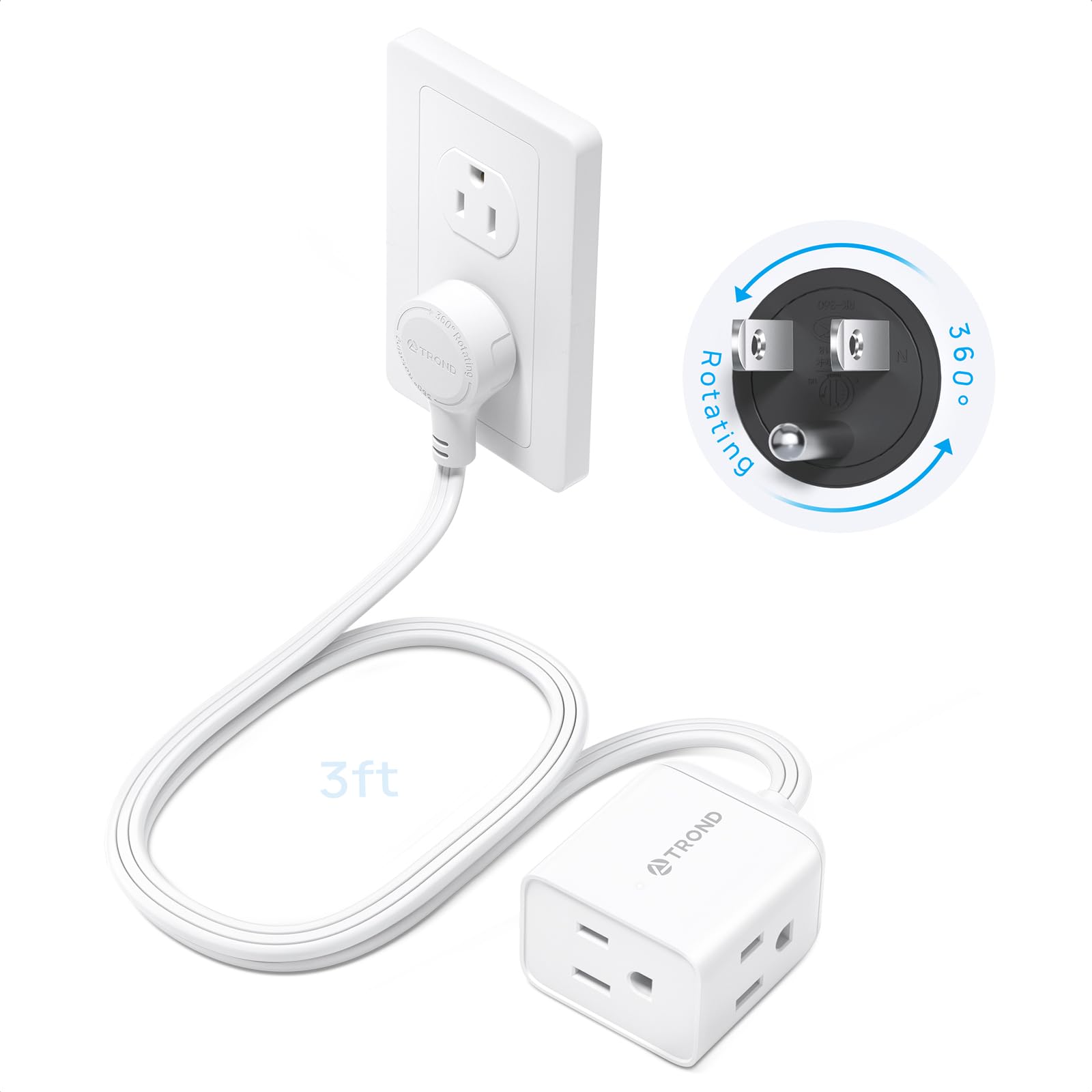 TROND Short Extension Cord 3ft with 360° Rotating Flat Plug