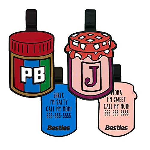 Besties PB & J BFF Set Customized Silicone Pet ID Name Tags for Collars - Silent and Jingle Free - Ships Fast from US- 18 Cute Funny Designs for Dogs and Cats - Personalized - Laser Engraved