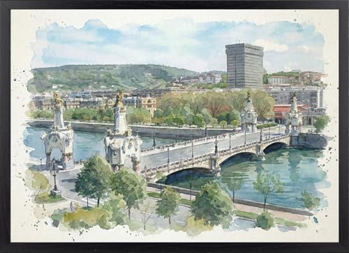 Fine Artic Cuadro Donostia Puente de María Cristina - Poster de San Sebastián con Marco de madera Donostia - Arte mural Acuarela decoración Moderna País Vasco - Lámina enmarcada de Río